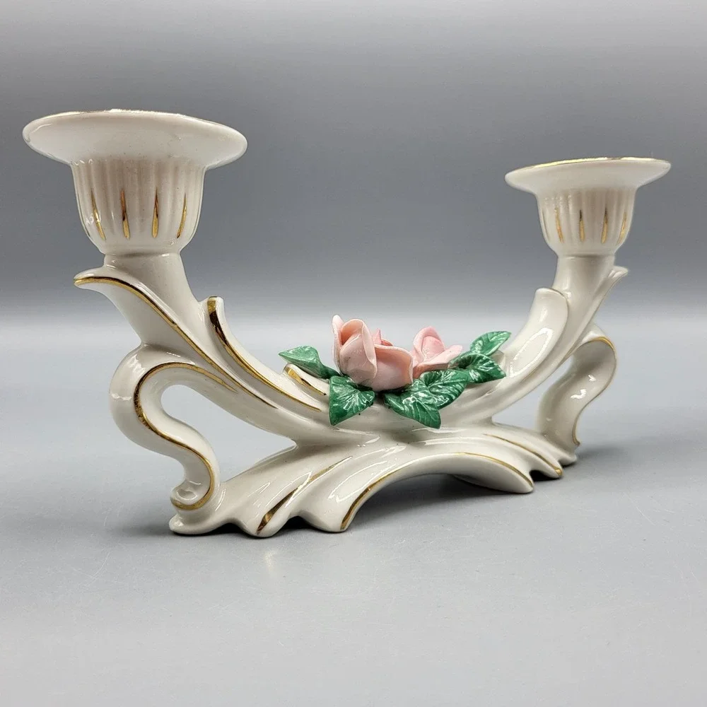 Vtg Dresden Porcelain Rose Double Candle Holder Candlestick Set of 2 Germany